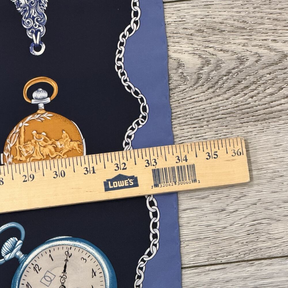 Liz Claiborne Silk Scarf Pocket Watch Print Navy Gold Blue Classic Old Money - Picture 4 of 5